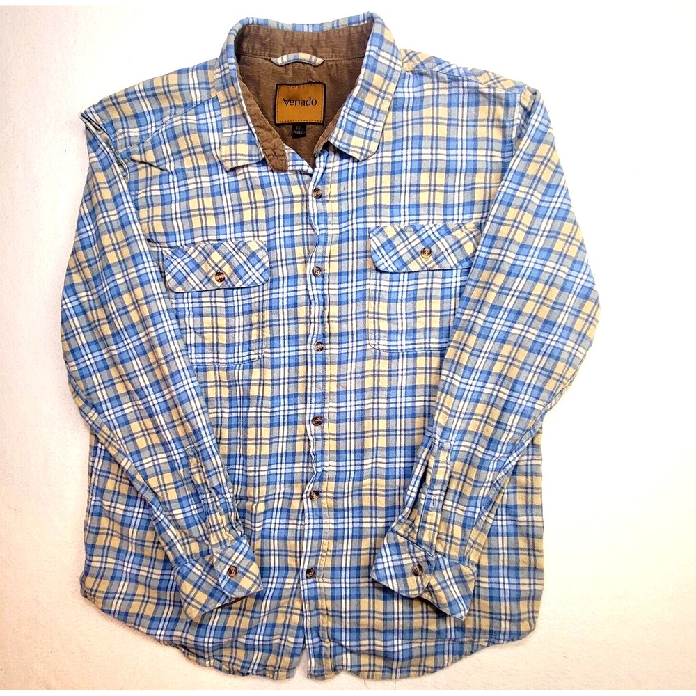 Venado Men's Plaid Flannel‎ Shirt 2XL Blue Tan Cotton Blend, Corduroy Collar